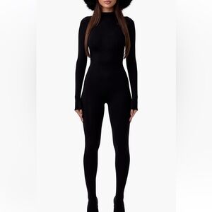 Mango Black Crepe Mock Neck Long Sleeve Jumpsuit